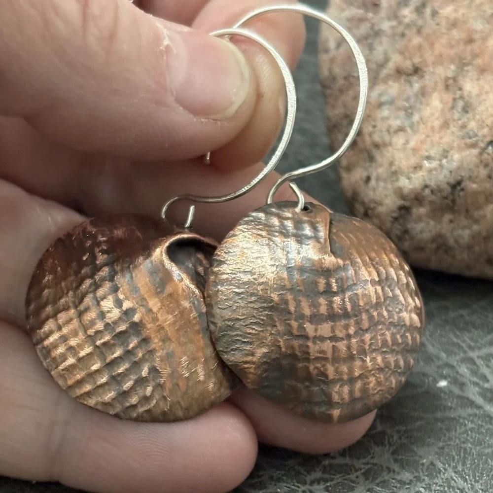 Sterling and Copper Artisan Dangle Pierced Earrings, Forged Handmade Jewelry‎